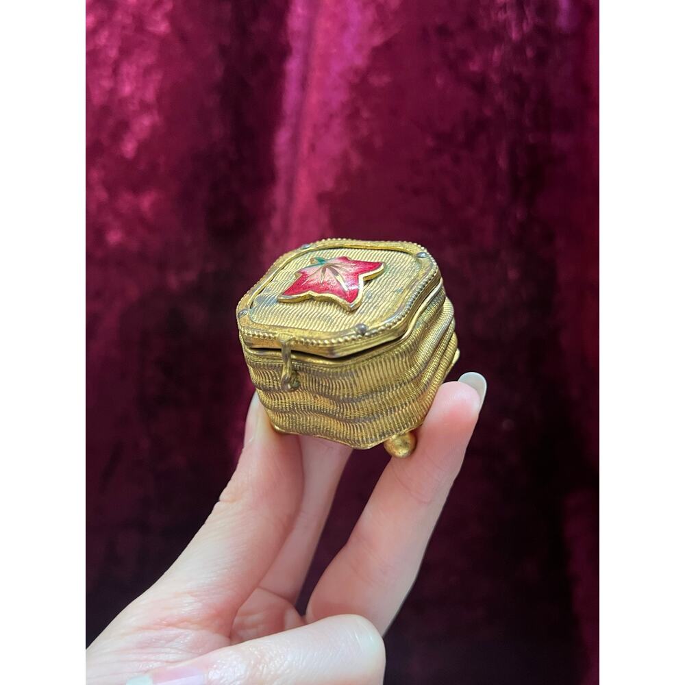 Vintage Trinket Jewelry Box Footed Ring Box Red Leaf Lid Brass Curved Design